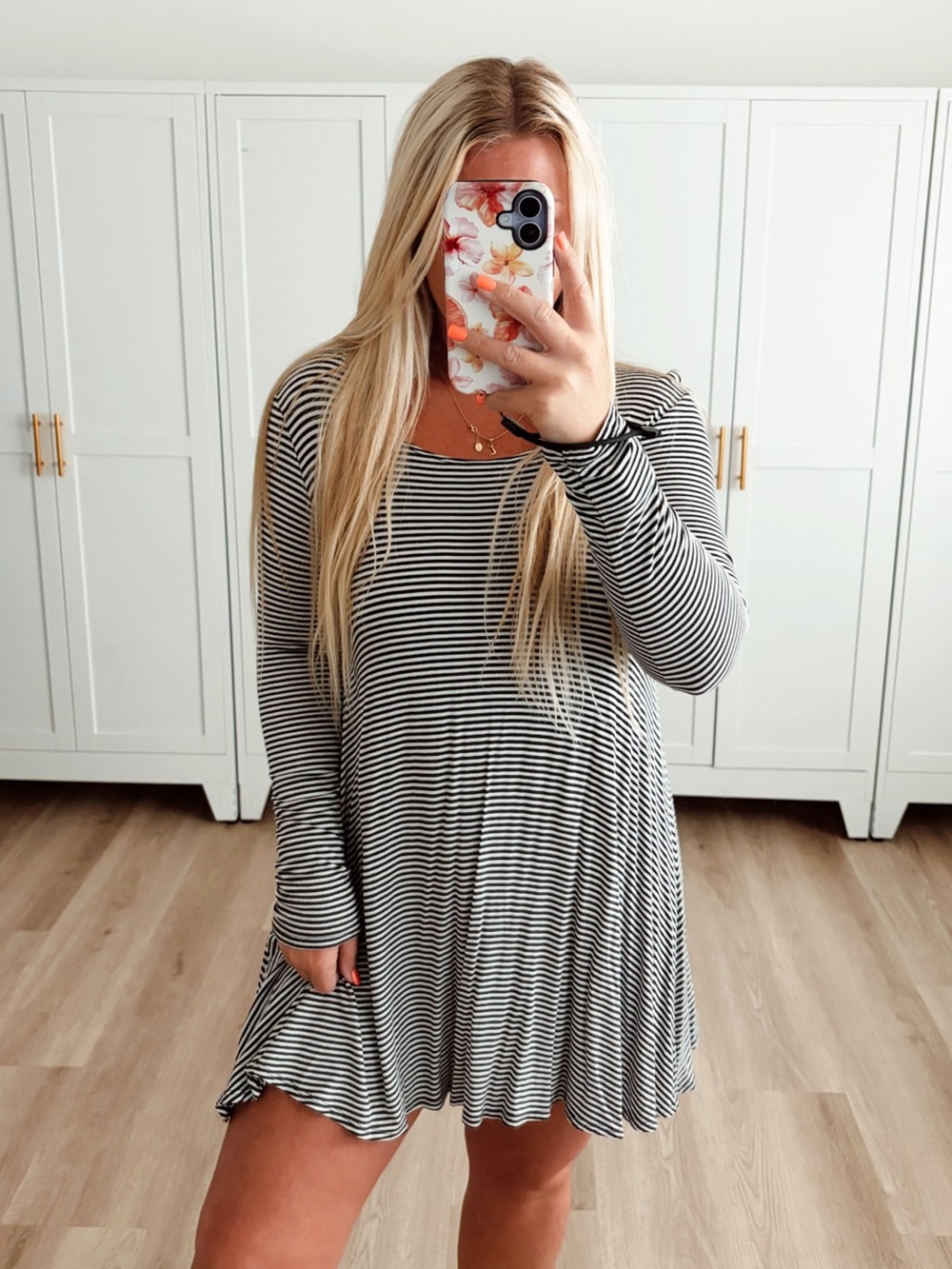 Black and white striped long sleeve mini dress